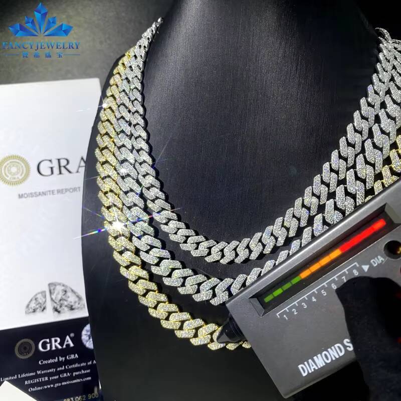 Factory Custom Hip Hop Necklace Jewelry 925 Silver Yellow Solid Gold VVS1 Moissanite Diamond Iced Out Cuban Link Chain