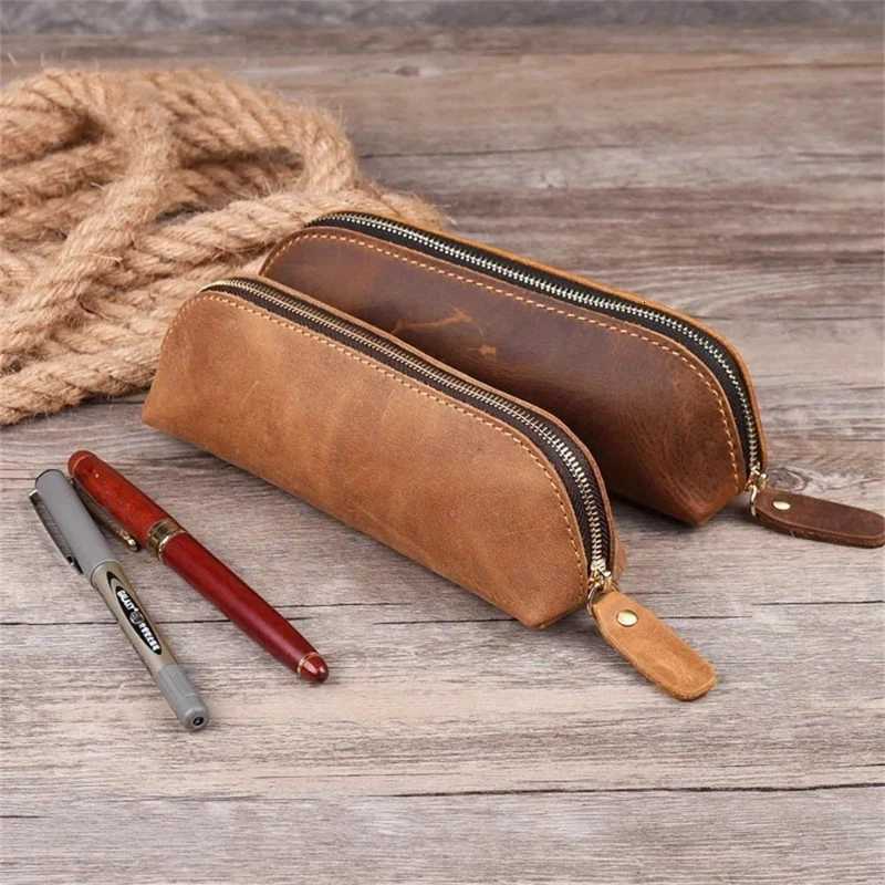 Handmade Genuine Leather Pencil Bag Retro Simple Stationery Holder Pen Case Storage Bag Zipper Pencil Pouch Glasses Case Z251023