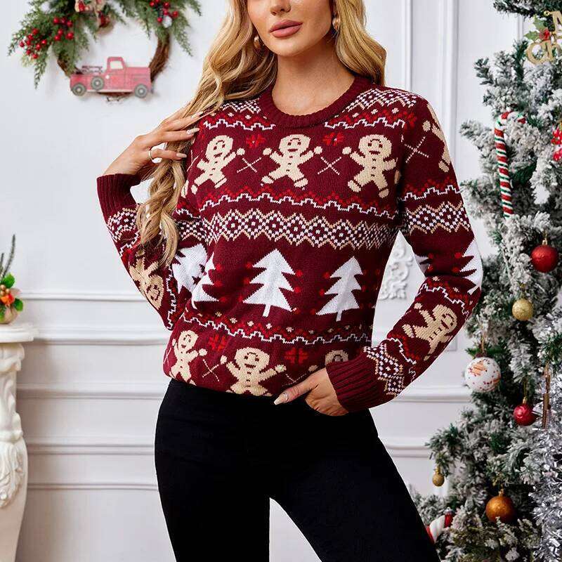 New Winter 2025 Christmas Women's Sweater Jacquard Print Full Sleeve O Neck Casual Soft Knitwear Merry Xmas Female Pullover Top