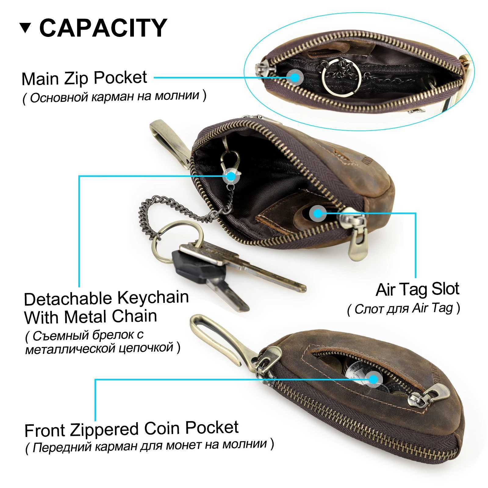 CONTACTS Genuine Leather Key Wallets for Men Vintage AirTag Slot Key Chian Keyrings Crazy Horse Leather Key Bag Coin Purses Z251023
