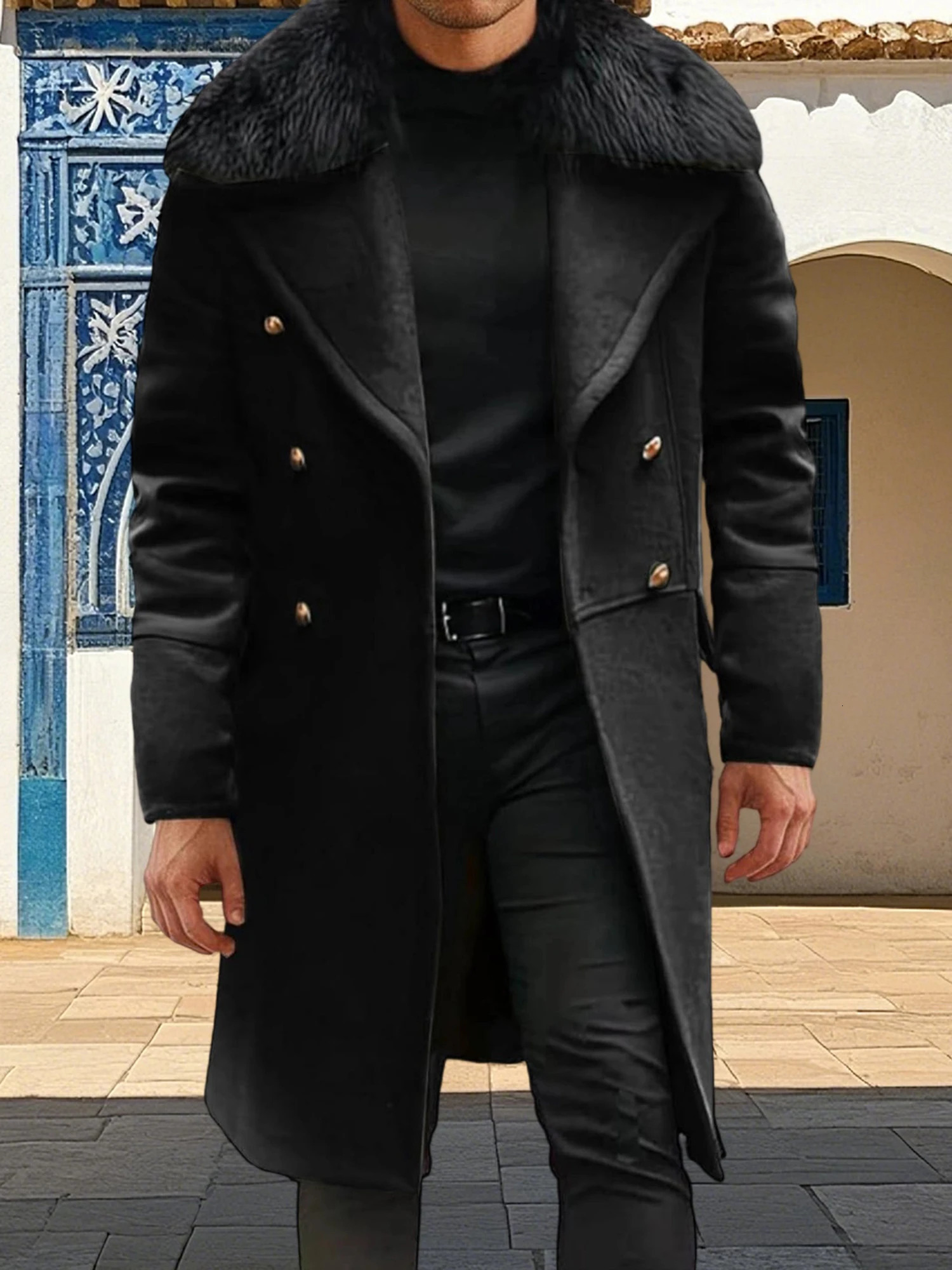 Men s Classic Double Breasted Trench Coat with Removable Fur Collar MidLength Wool Blend Overcoat for Winter Warmth 251023
