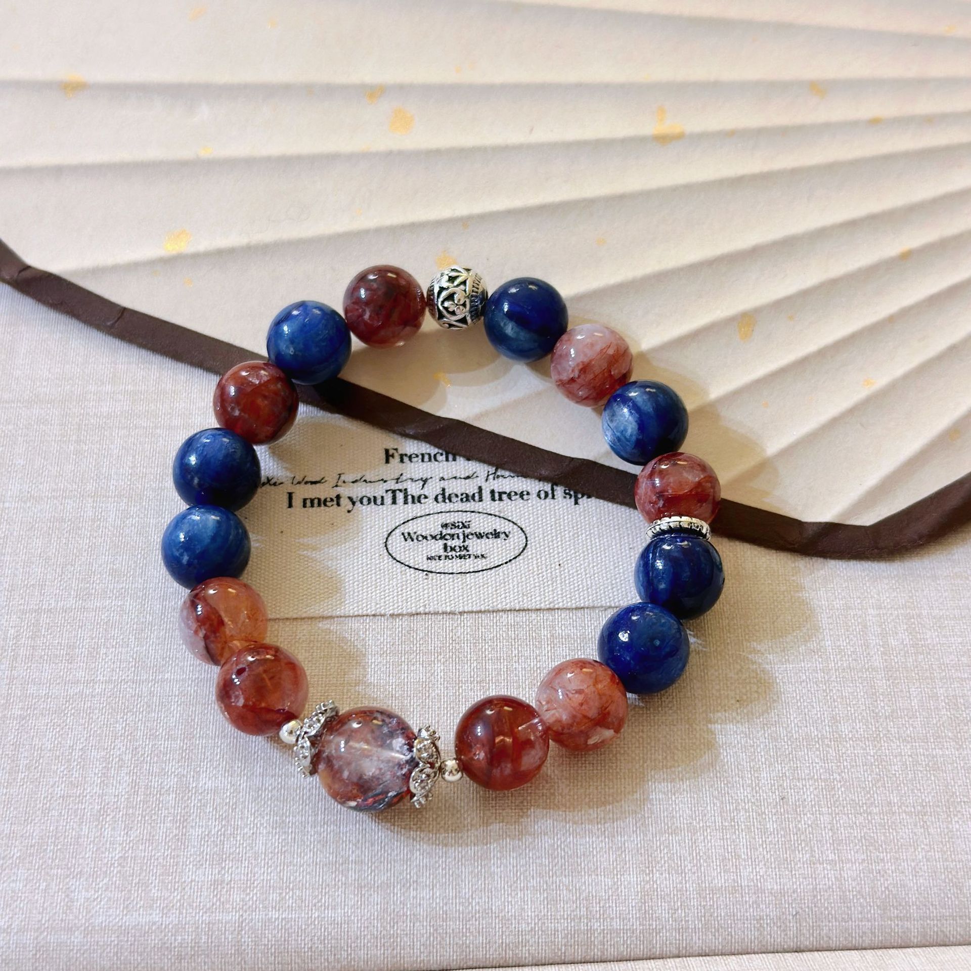 Luxury Unisex Handmade Natural Blue Calcite Wristband with Mixed Colors of Red Corals and Blue Stones
