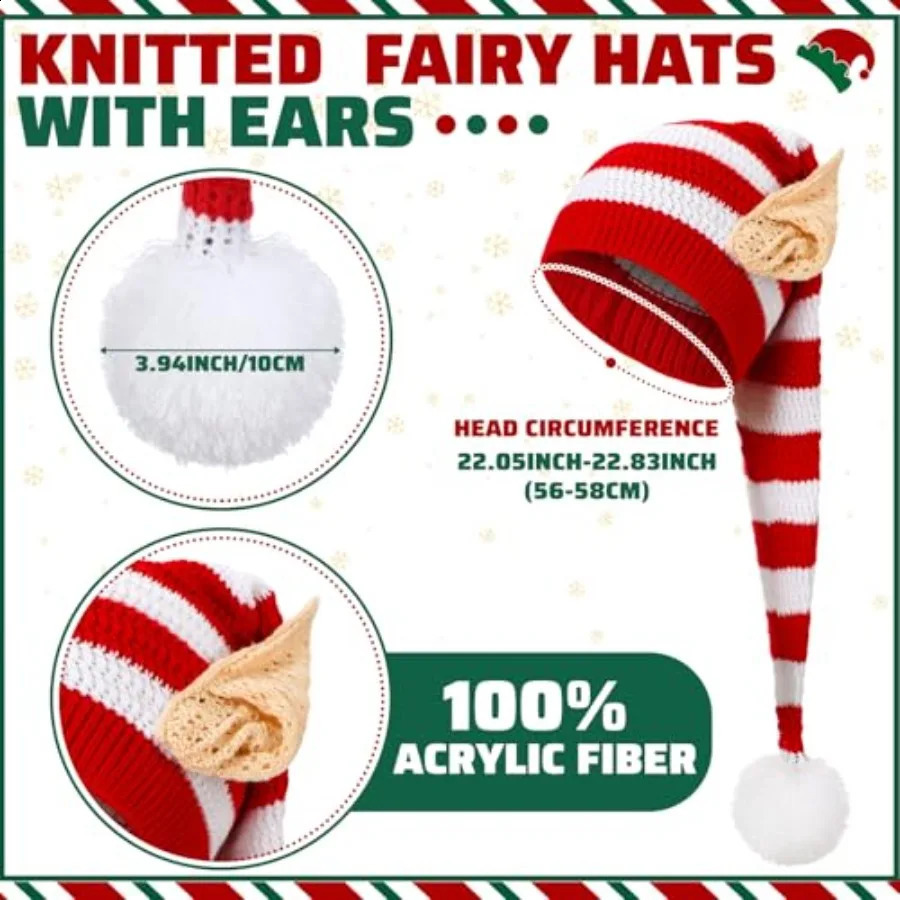 Christmas Knitted Elf Hats with Ears for Adults Women Men Red and White Elf Beanie Crochet Long Santa Hats Beanie Elf Costume A 251023