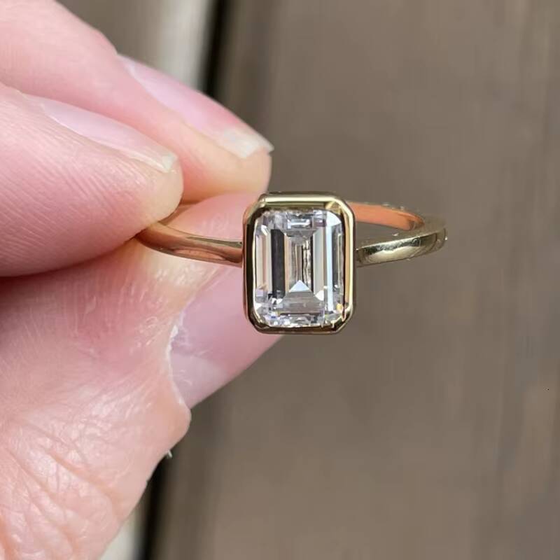 Custom Moissanite Engagement Ring Women 25ct Emerald Cut Bezel Setting 14k Solitaire Moissanite Ring