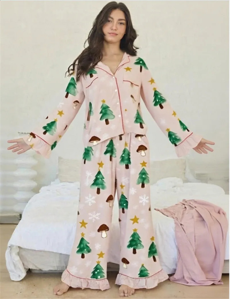 Hirigin Womens Christmas Pajama Set Two Piece Lounge Set with Christmas Trees Stars Mushrooms Ruffled Hems Night Wear Outfits 251020