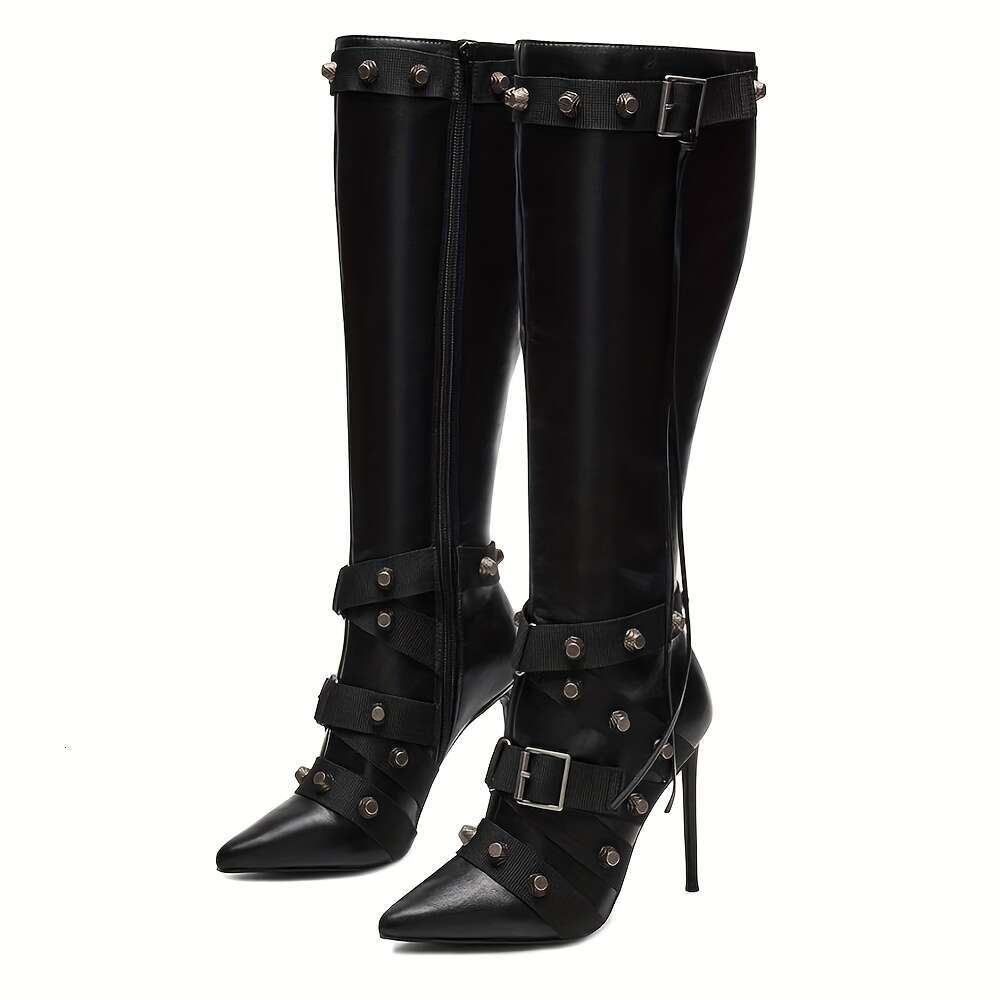 Women's Knee Stiletto Studded Gothic Pointed Toe Rivets Tassel Long Boot Sexy High Heel Punk Boots Motorcycle Zipper Party Festival