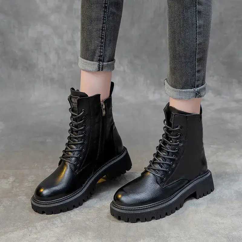 2025 Genuine Leather Womens Boots Velvet Autumn Winter Thick Heel Cowhide Shoes Handmade Retro Platform Booties W251024