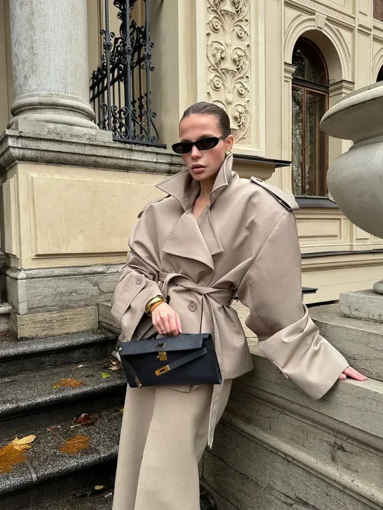 Solid Laepl Lace Up Trench Coat Women Fashion Full Sleeve Waist Cinching Short Windbreak Autumn office commute outwear 251021