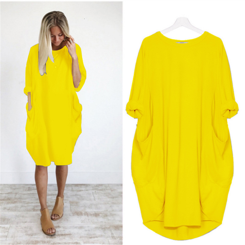 Women's Casual Loose Pocket Long Sleeve Plus Size Dress for Chubby Sisters
