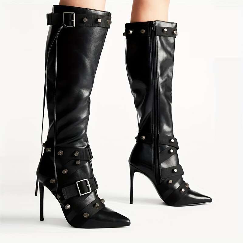 Women's Knee Stiletto Studded Gothic Pointed Toe Rivets Tassel Long Boot Sexy High Heel Punk Boots Motorcycle Zipper Party Festival