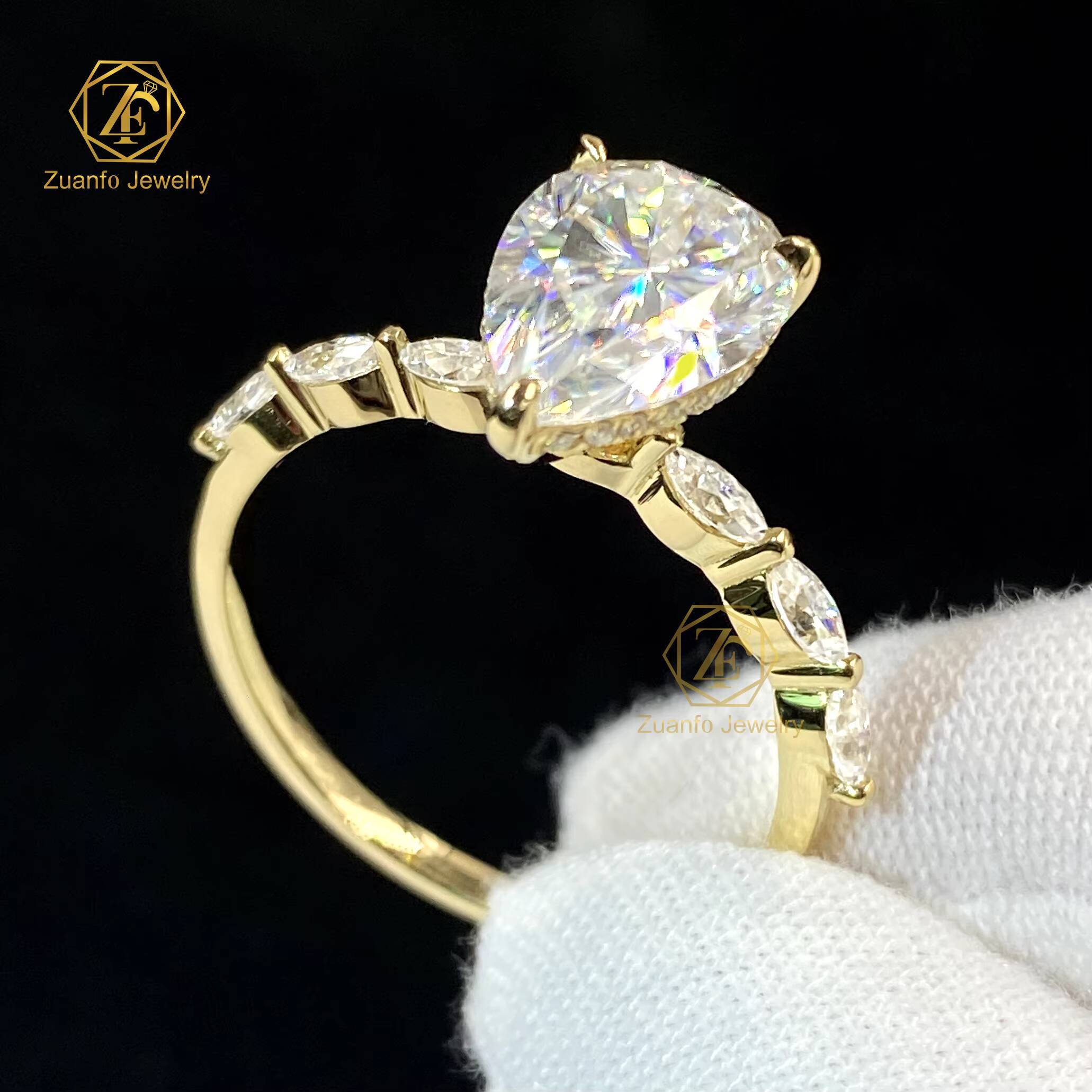 GRA Certificated Pear Cut VVS 14K 18K Solid Gold Moissanite Gem Stone Rings Elegant Rings for Women