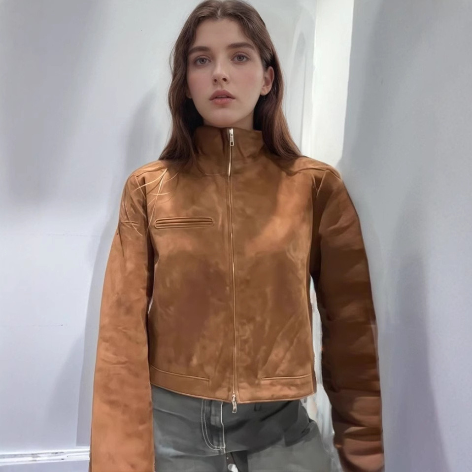 Stand Collar Suede Zipper Short Jackets Women Casual Slim Brown Long Sleeved Jacket Female Spring Chic Daily Style Outwear Tops dongdumaoyi