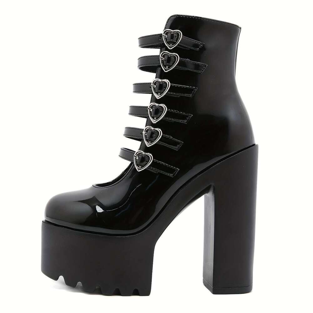 Women's Black Mary Jane High Heels With Heart Laces - Stylish, All-Season, Round Toe, Block Boots, Rubber Sole, Polyurethane Upper, Inner & Insol