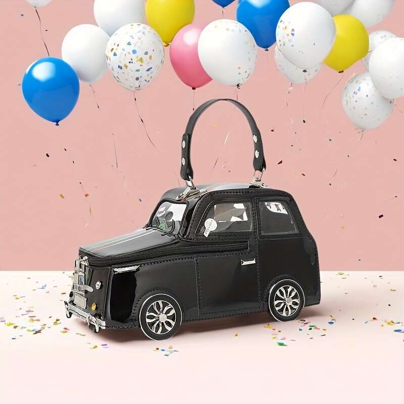 2025 New Wo 'S Vintage Car-Shaped Handbag - Cute 3D Cartoon Design With Removable Shoulder Strap, Zipper Closure Polyester Lining, Mixed Colors, 