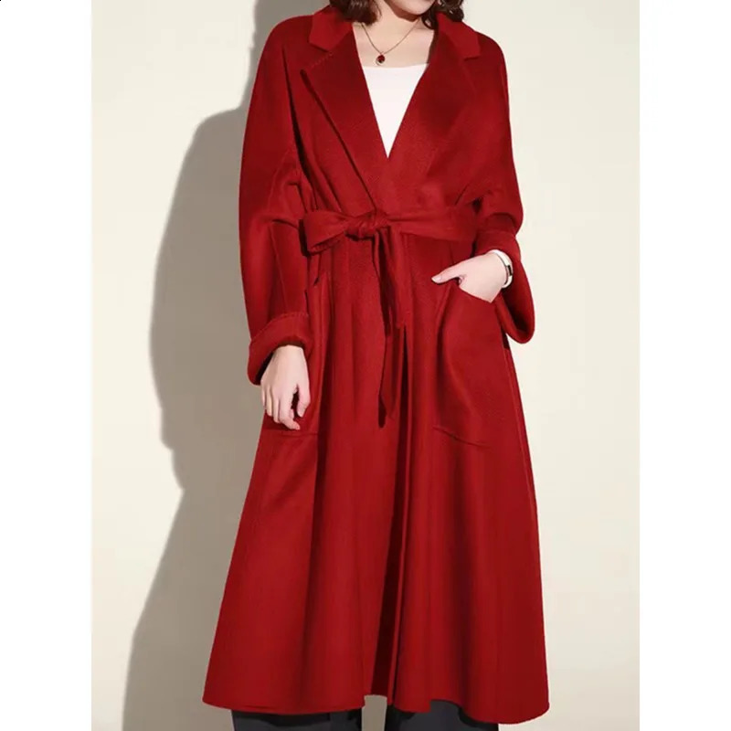 LANMREM 2025 High End Water Ripple Doublesided Wool Coat Women Long Bathrobe Style Autumn Winter For Female 2A2 251016