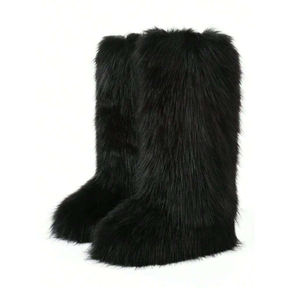 Furry Fluffy Snow Boots Warmplush Knee High Flats Fashion Punk Goth Cosplay Women Winter Shoes