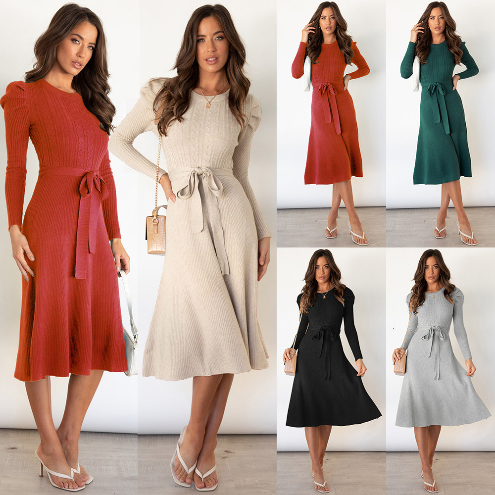 Autumn and winter new bubble long sleeved knitted dress, mid to long, elegant and slim fit designer, high waisted flared dress, base sweater dress