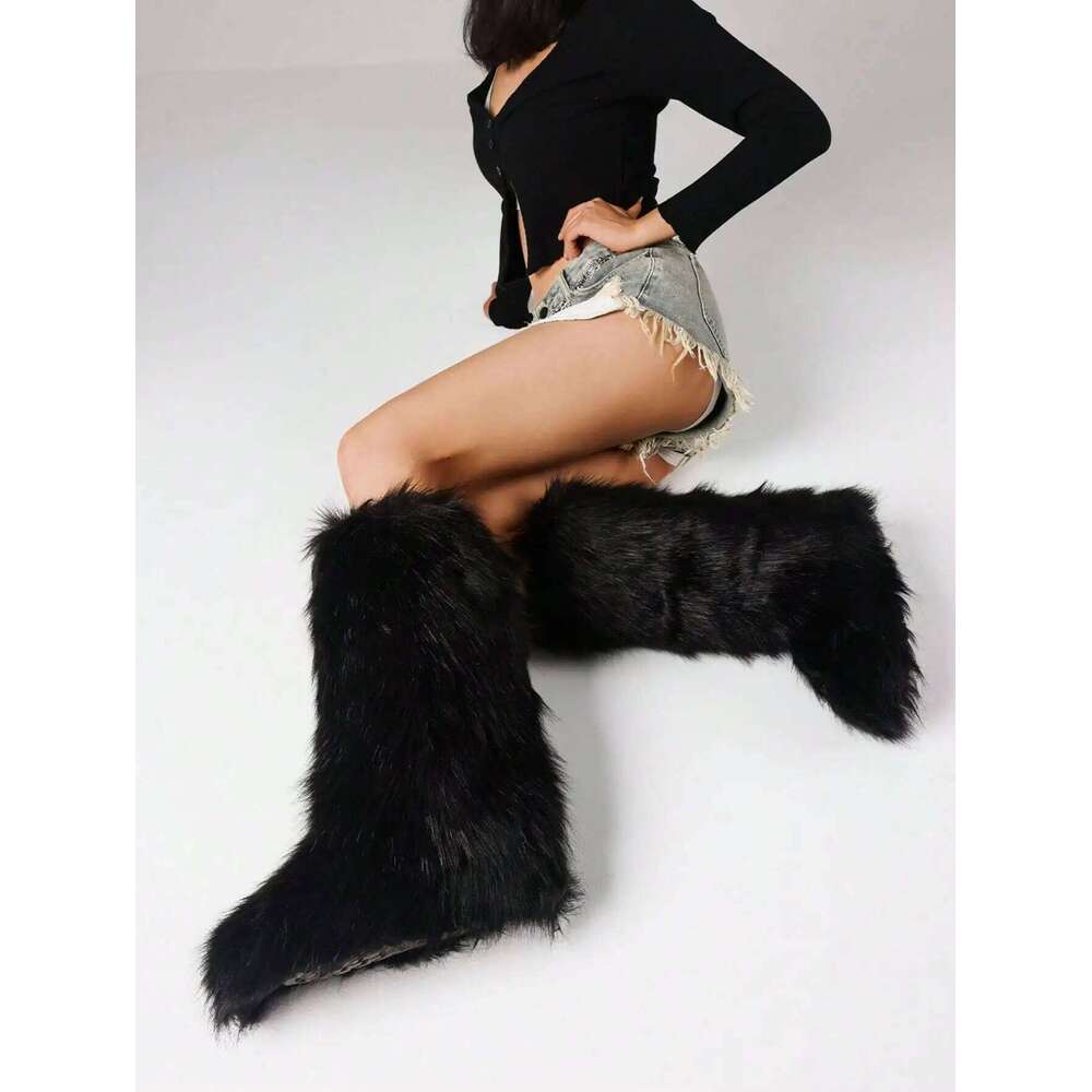 Furry Fluffy Snow Boots Warmplush Knee High Flats Fashion Punk Goth Cosplay Women Winter Shoes
