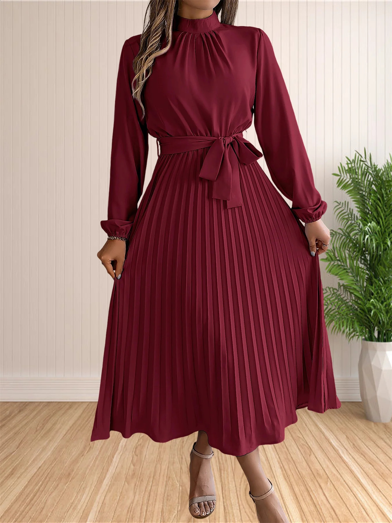 Womens Long Dresses Summer Elegant Pleated Long Sleeveed Lace Up Dresses Beach Boho Wrap Ruffle Hem Swing Sundress 251023