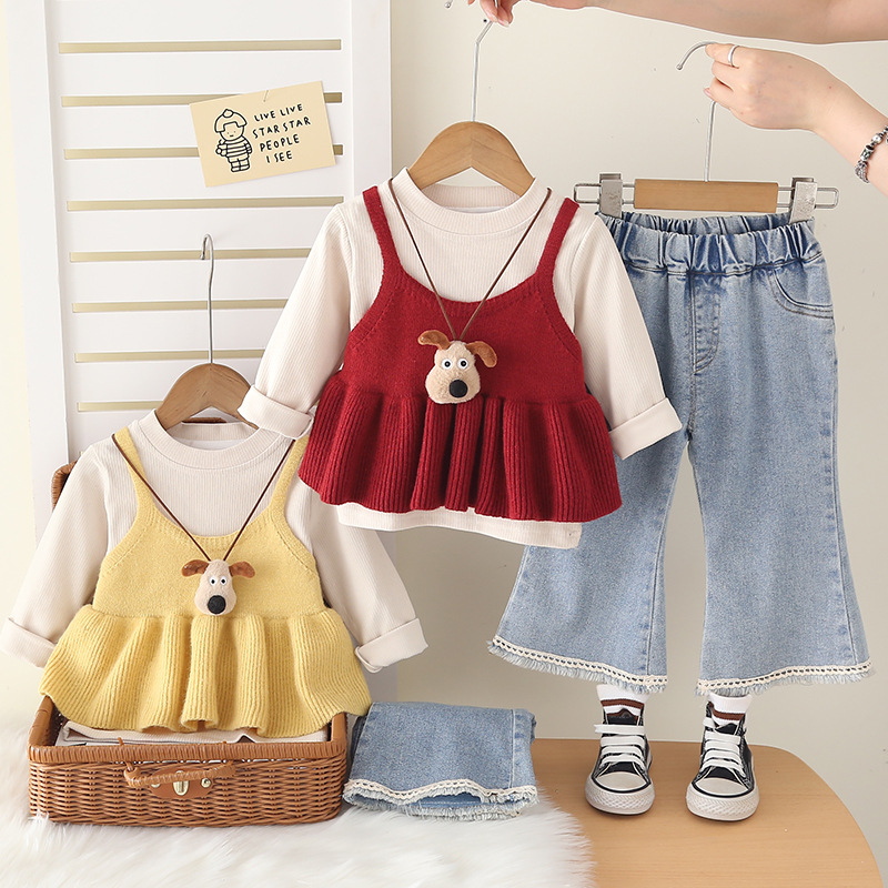 Baby Girls Suspenders Sweater Set 3-Piece, Korean Style Knit Outfit for 1-5 Year Olds, Spring Autumn Fashion