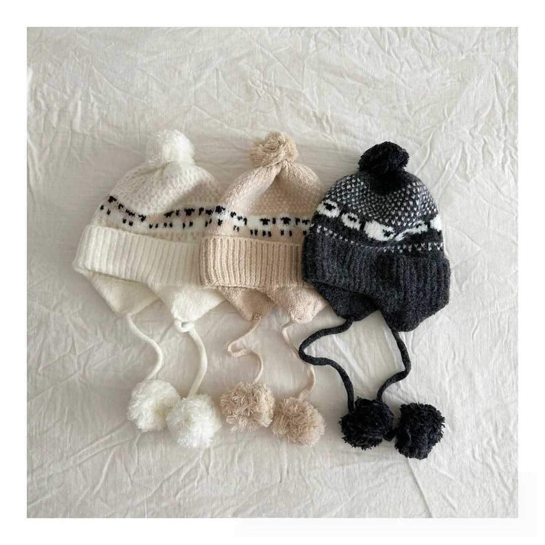 Kids Knit Baby Hat Winter Beanie with Earflaps Pom Poms Warm Autumn Winter Childrens Knitted HeadwearL251024