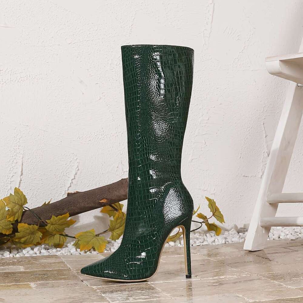 1Pr Elegant Crocodile Pattern Knee-High For Women All-Season Zippered Stiletto Heels With Pointed Toe, Polyurethane Upper, Fabric Lining, Rubber Sole 