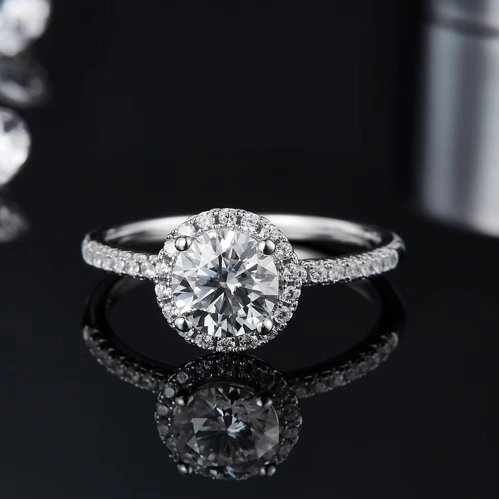 RINNTIN SMR65 Rhodium Plated 925 Sterling Silver Ring Center 10 CT VVS Round Cut Moissanite Engagement Ring