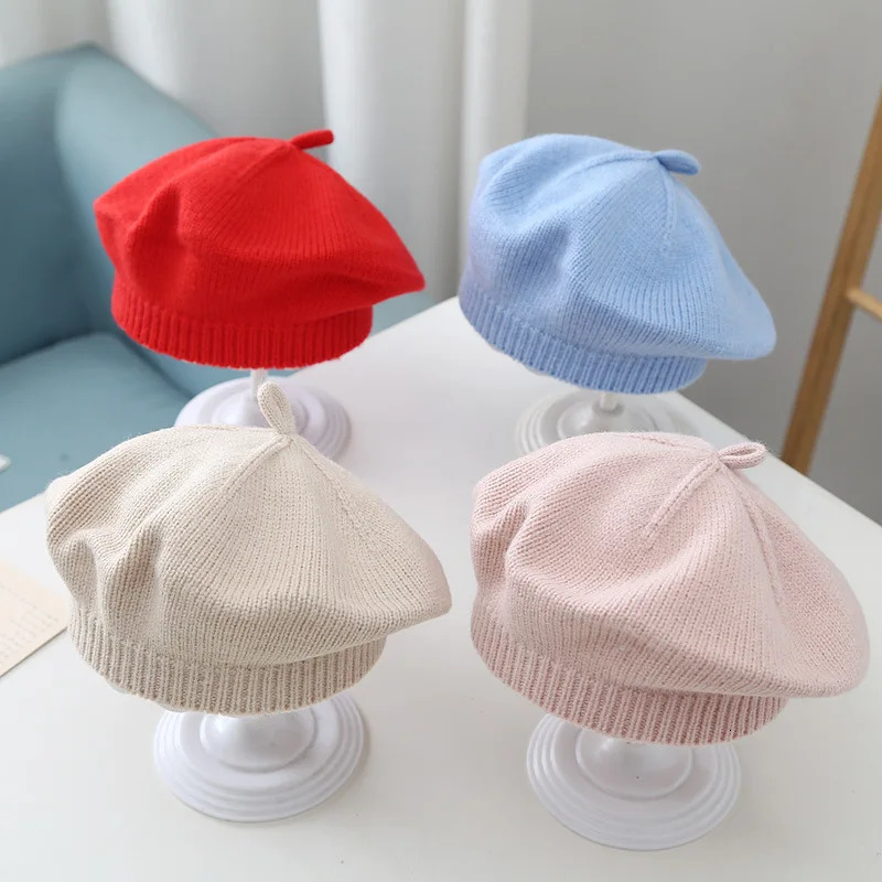 winter candy colors wool beret caps Children girl thick keep warm French artist Pumpkin hat Kids Beanie Headwear 251023