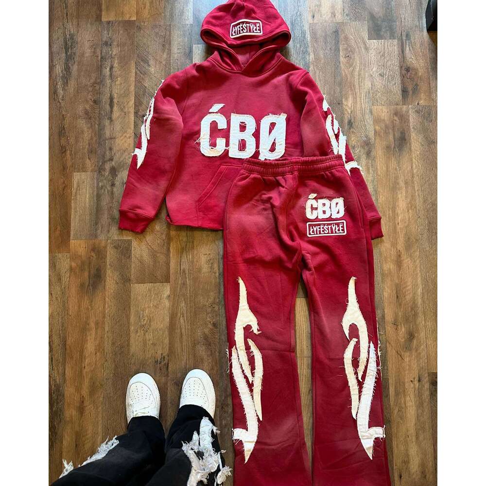American Style Autumn Winter Trendy Brand Hooded Letter Patch Sweatshirt Unisex Pocket Wide Leg Pants Set