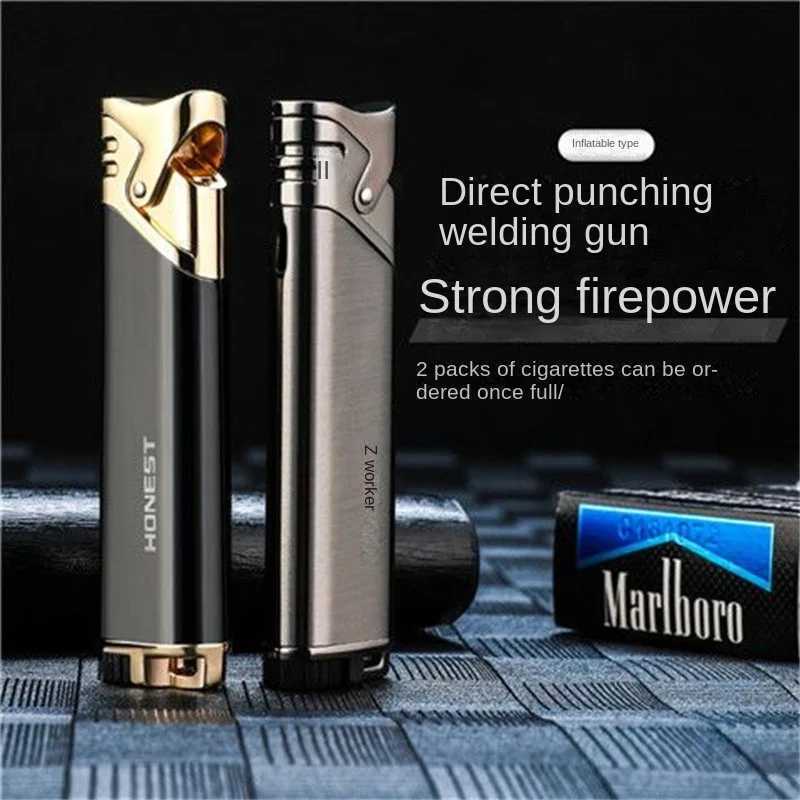 New Metal Ultra Thin Slender Jet Torch Straight Gas Charged Windproof Inflatable Butane Lighter Metal Blue Flame Fashion Gift D251024