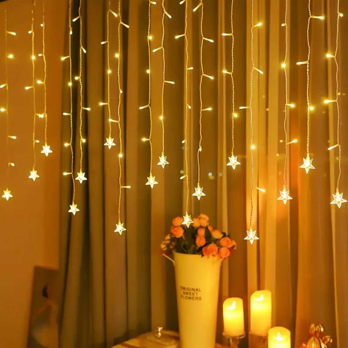 1pc 96 LED Star Icicle Curtain String Lights USB Powered 8 Modes Christmas Decorative Icicle Lights For Garden Patio Home Decor C251024