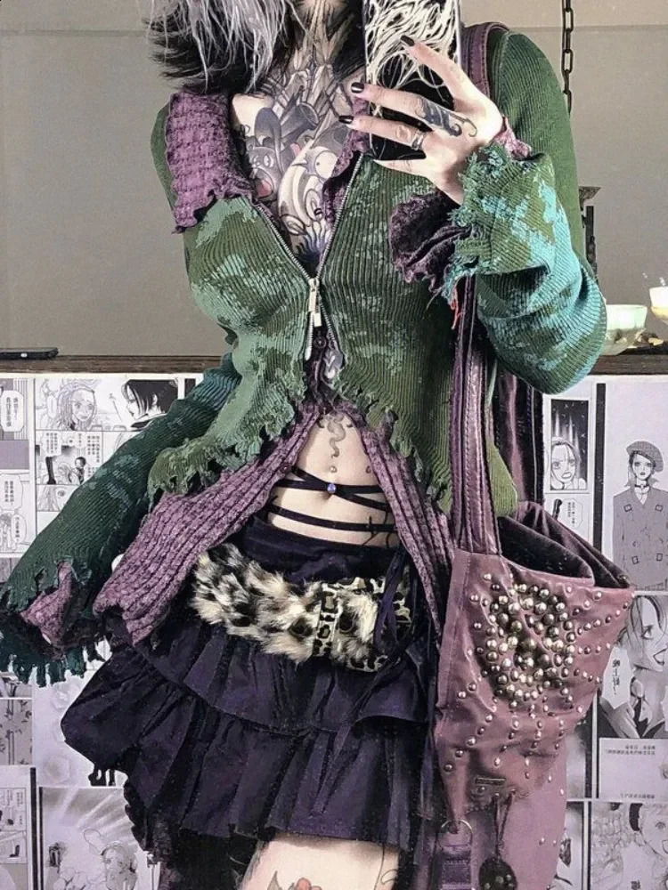 Vintage Street Print Turtleneck Sweaters Mujer Y2k Slim Fit Zipper Knitted Tops Women Spring Aurumn Long Sleeve Cardigan 251023