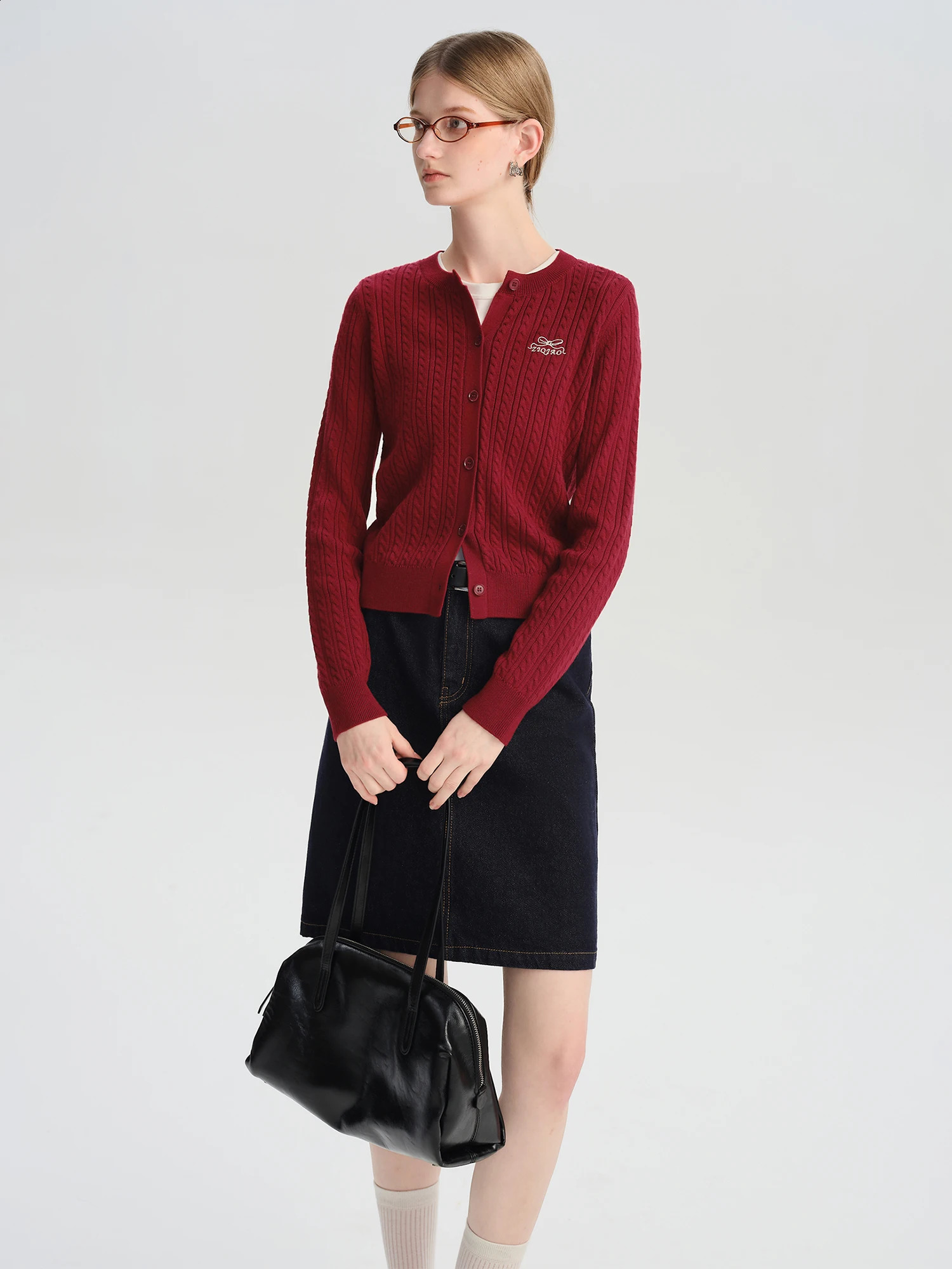 ZIQIAO Petite Women Retro Brown MIUStyle Round Neck Knit Open Cardigan Autumn Style Layerable Knit Sweater 25ZQ93019 251023