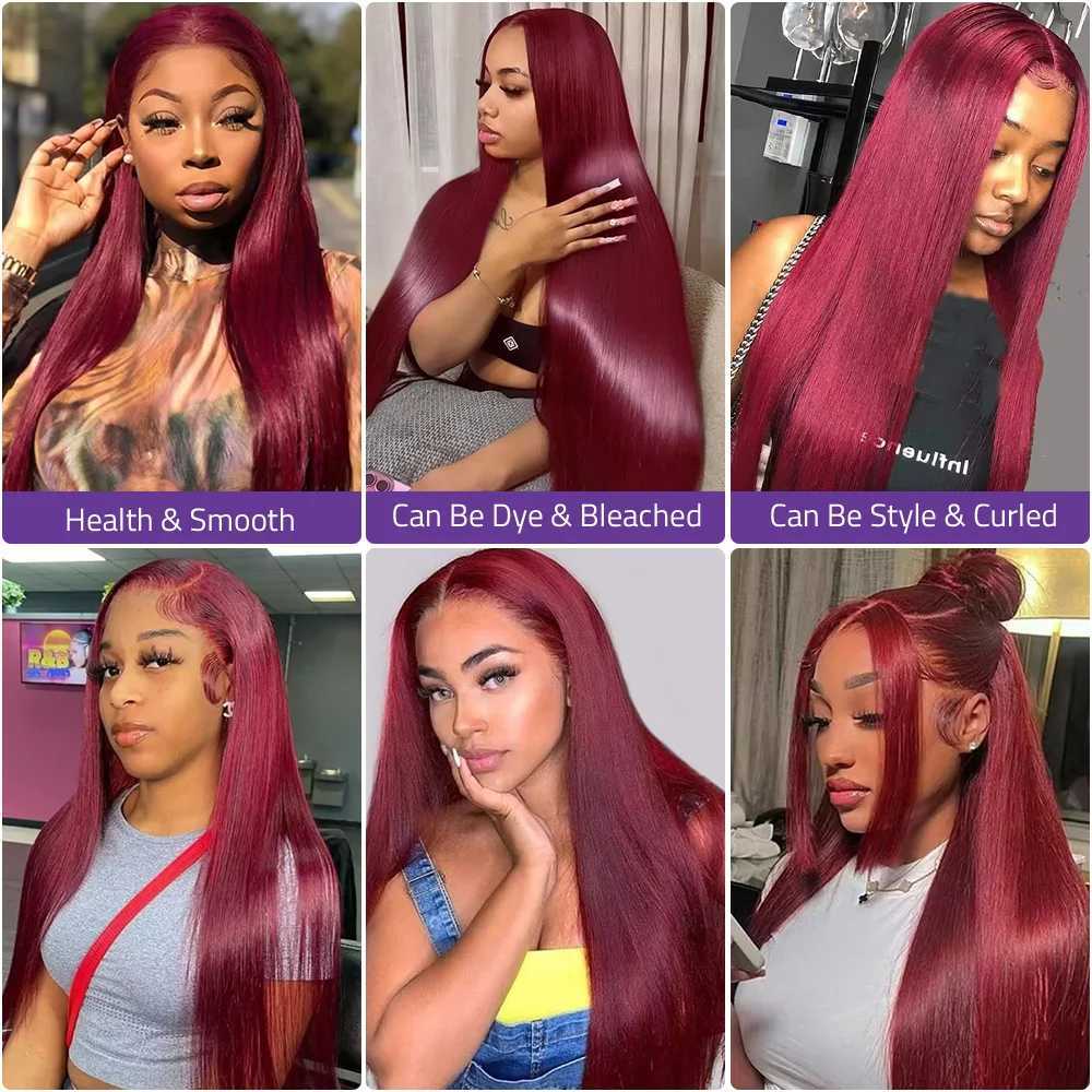 30Inch Burgundy Bone Straight 99J Colored 13x4 Lace Front Wig Human Hair 13x6 HD Transparent Lace Frontal Wigs For Women W251023