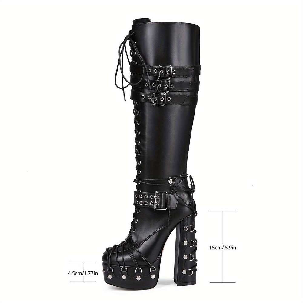 Women's Chunky Knee-High With Adjustable Buckle Straps Tie Rope, Toe, Zipper Closure Faux Cover Upper, Rubber Sole, Plush Lining All-Day Comfort 