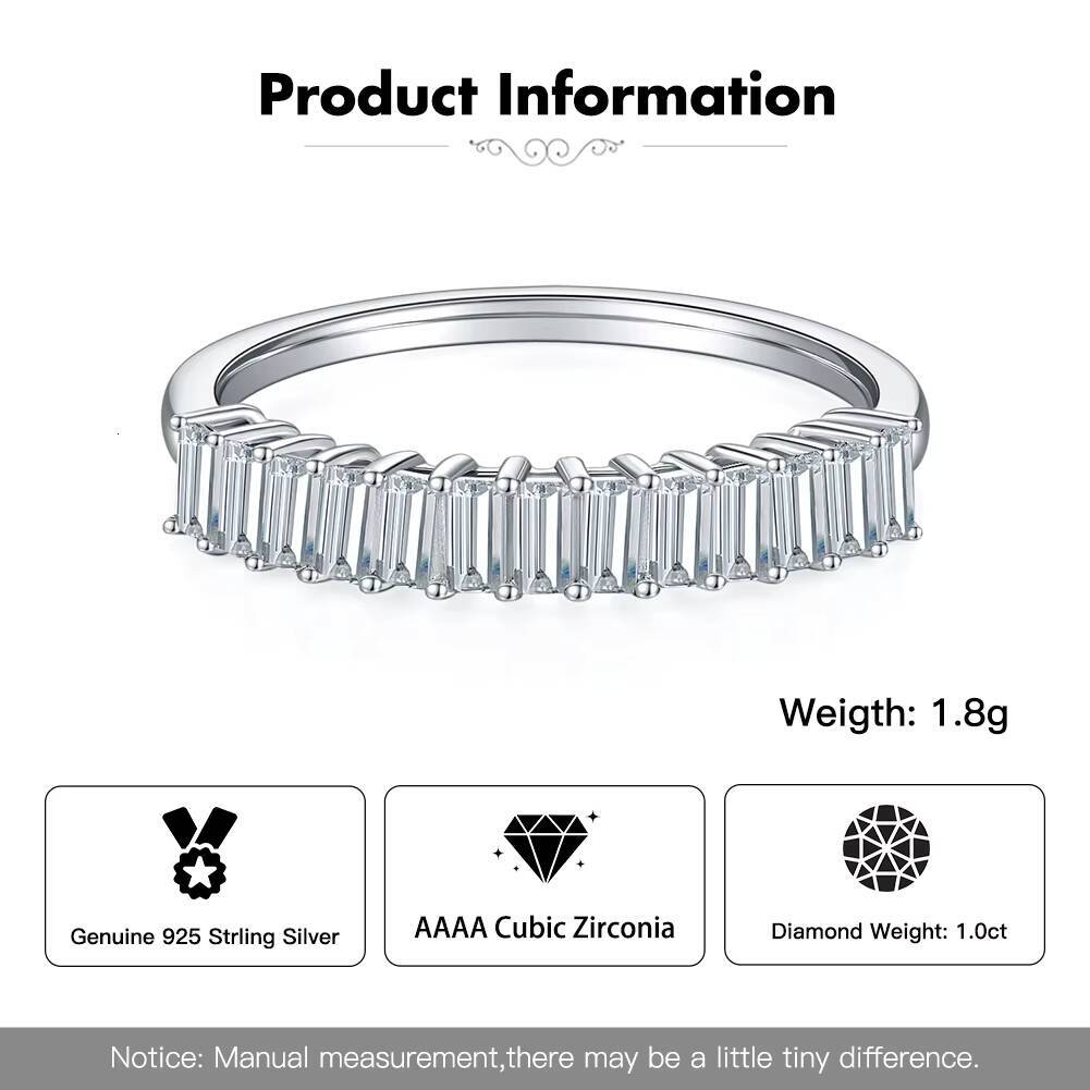 RINNTIN SR285 Baguette Cut AAAA Clear CZ Half Eternity Wedding Band White Gold Plated 925 Sterling Silver Wedding Rings