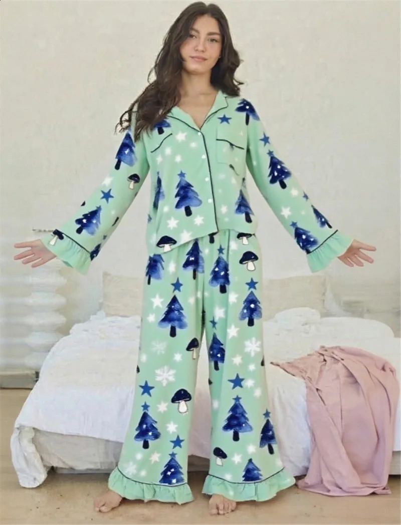 Hirigin Womens Christmas Pajama Set Two Piece Lounge Set with Christmas Trees Stars Mushrooms Ruffled Hems Night Wear Outfits 251020
