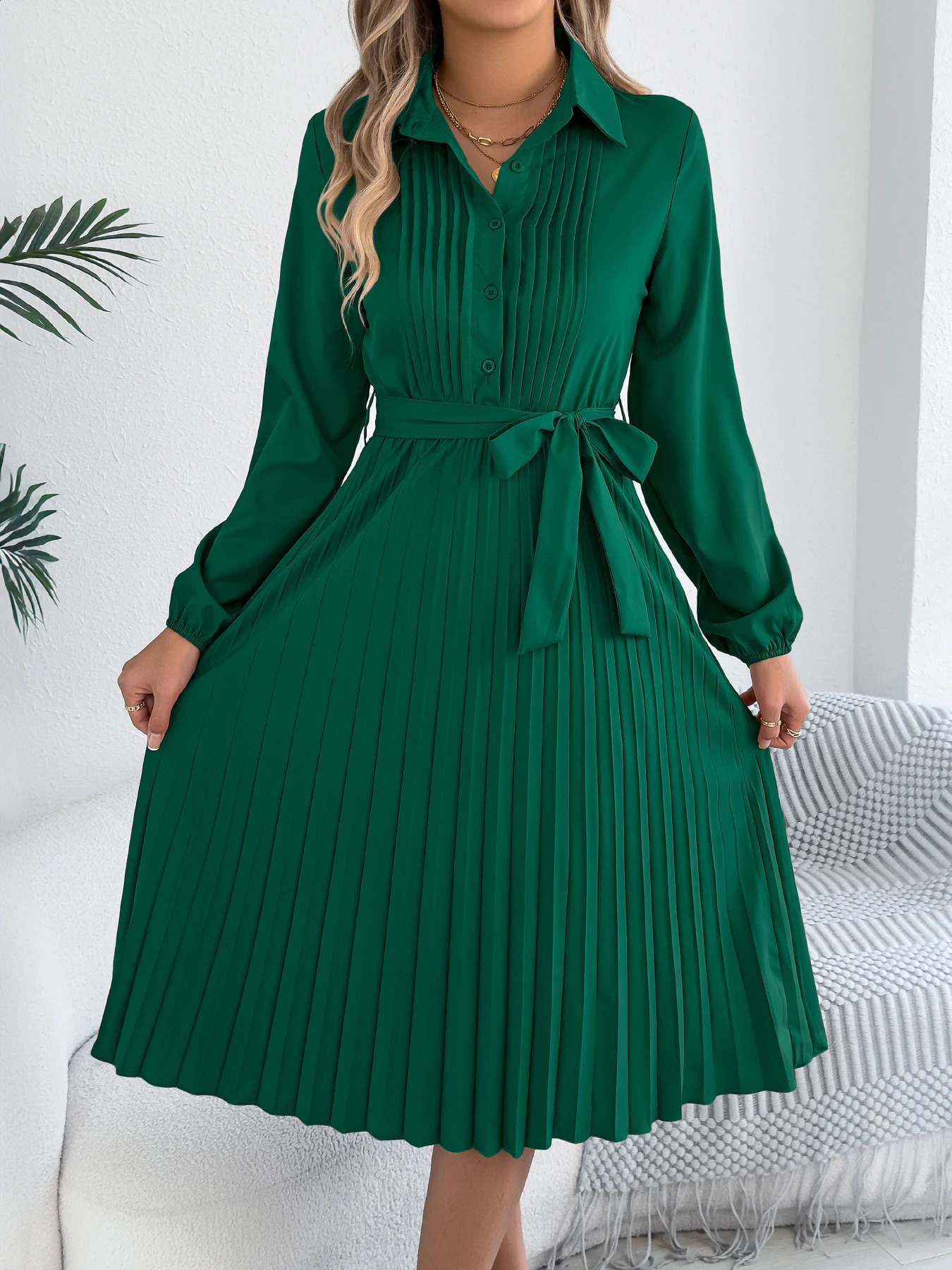 Elegant Maxi Dress for Autumn Winter Lapel Tie Waist Solid Color Long Sleeve Dresses Green Khaki Red Woman Clothing 2025 251023