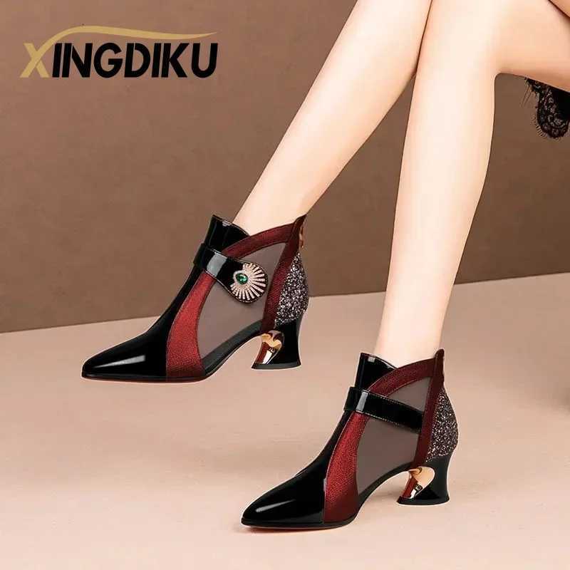 2024 Summer Mesh Breathable Sandals with Rhinestone Decoration Shaped Heels Retro British Style Sandals Leather Boots Women W251024
