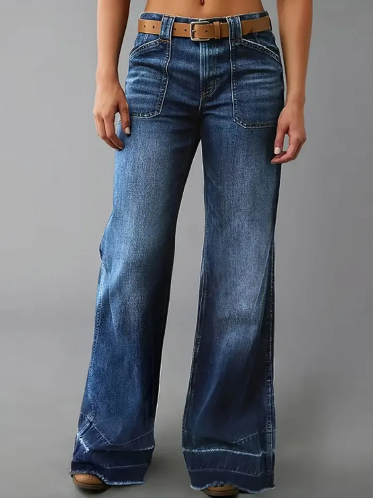 Womens Street Denim Jeans Autumn Patchwork High Waist Zipper Fly Ripped Retro Long Pants 251021