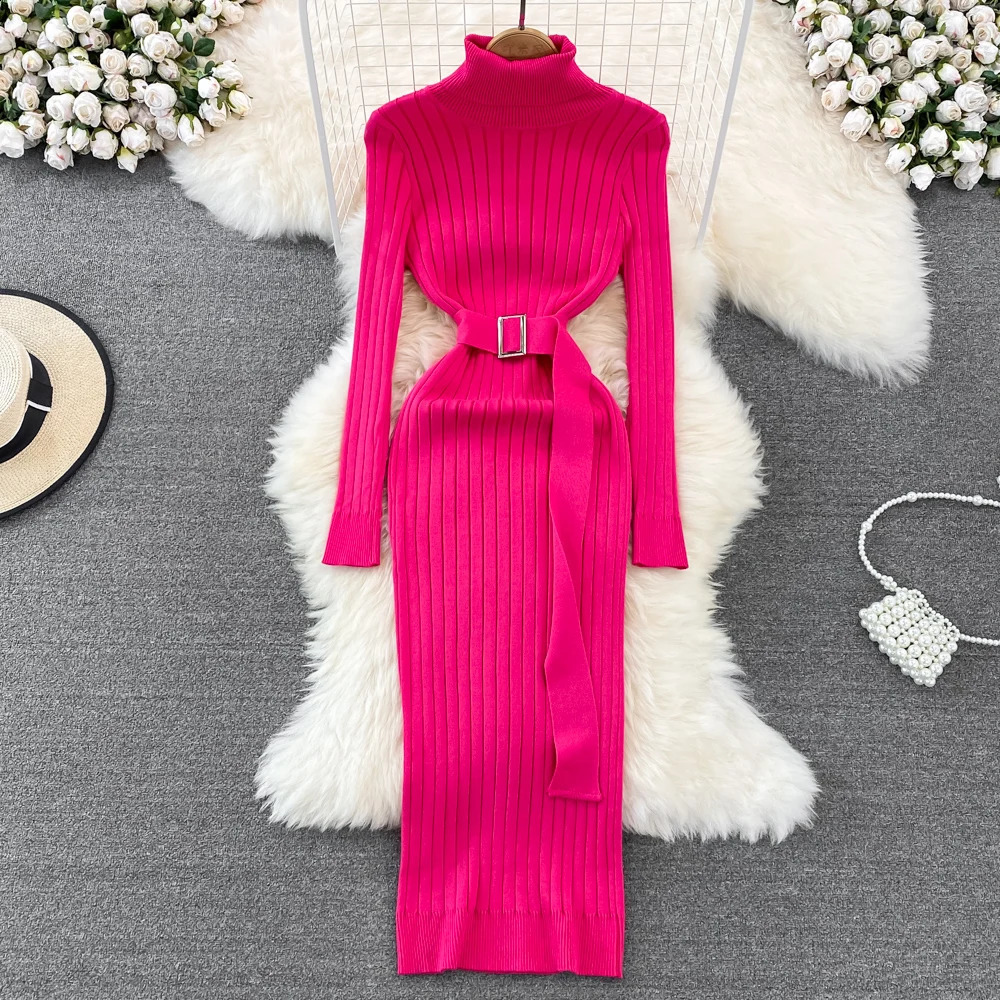 YuooMuoo Ins Turtleneck Sexy Wrap Hips Knitted Dresses Women 2025 Autumn Winter Long Sleeve Bodycon Sweater Dress with Belt 251023