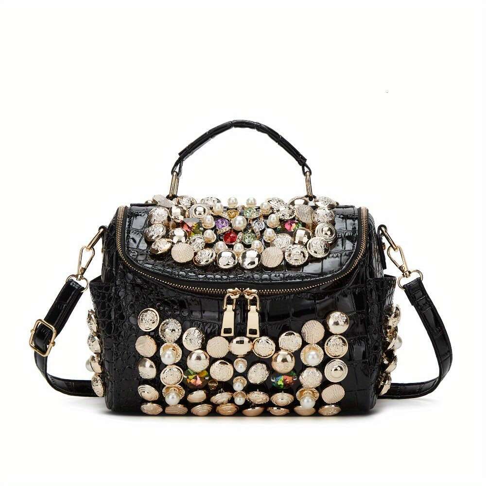 1Pc Elegant Faux Leather Evening Clutch Bag With Rhinestone Embellishments, Zipper Closure, Removable Strap, Polyester Lining - Women's Fashion H