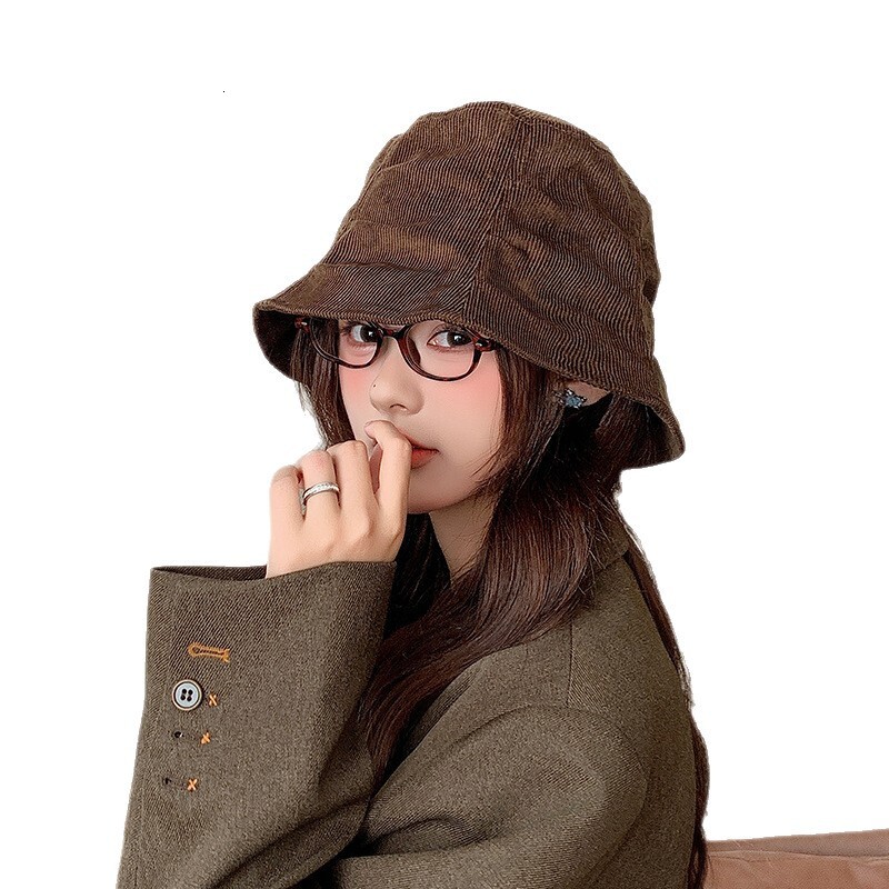 Brown Wrinkled Corduroy Fisherman for Women, Autumn and Winter Casual Versatile Face-Slimming Bare-Faced Bucket Hat