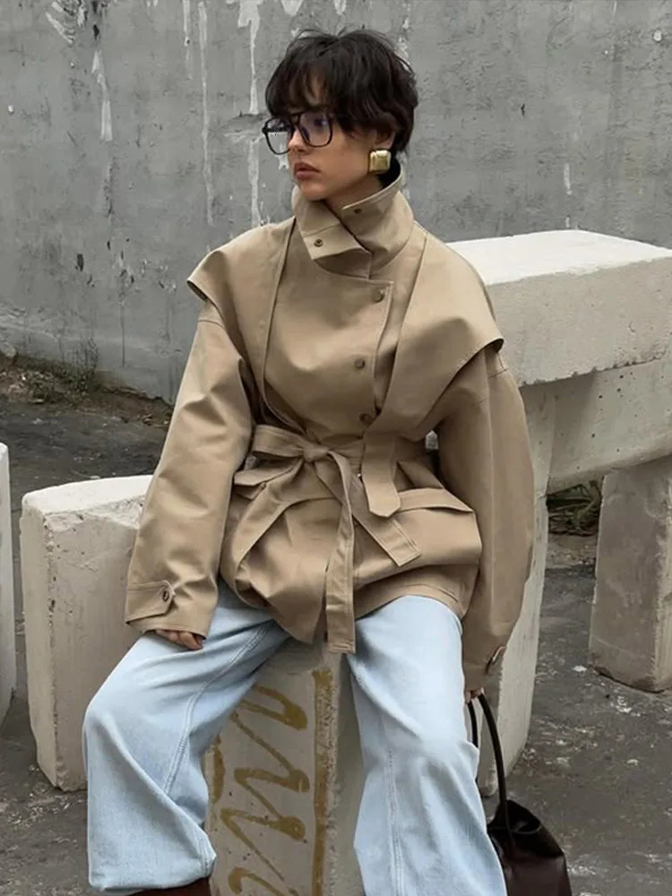 Women Waist Cinching Windbreaker Fashion Solid High Neck Buttons Long Sleeve Singlebreasted Coats Lady Street Jacket 251021