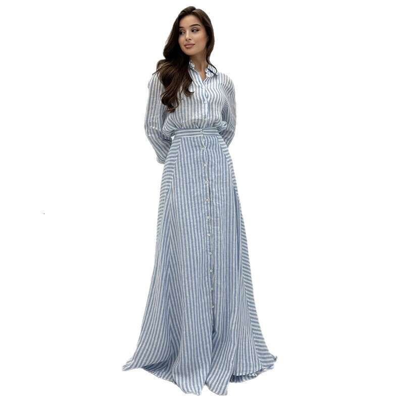 2025 New Women's Clothing POLO Collar Long Sleeve Single-Breasted Striped Casual Set
