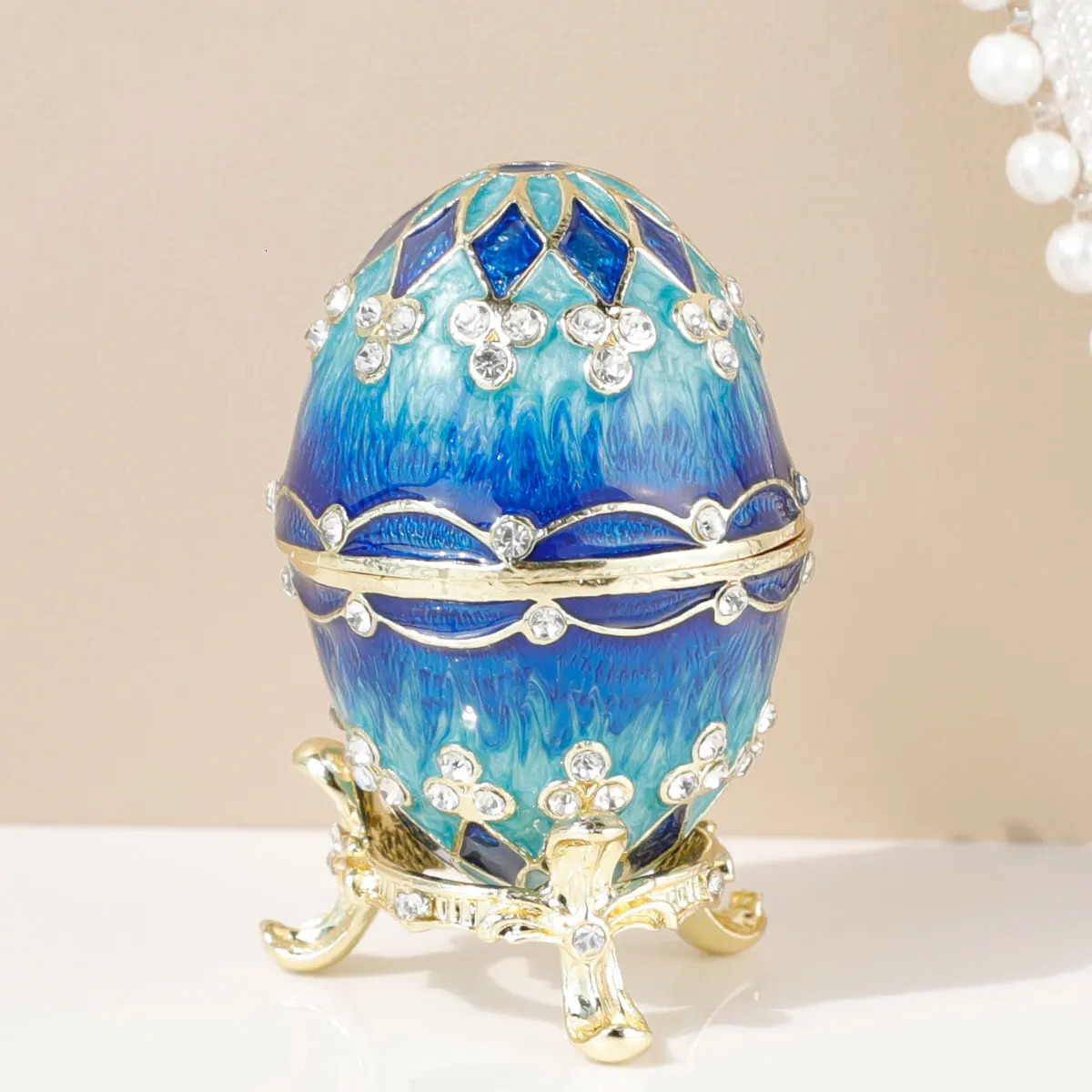 Blue Vintage Style Egg Trinket Box Unique Hand Painted Enameled Jewelry Box Collectible Unique Gift for Home Decor 251009