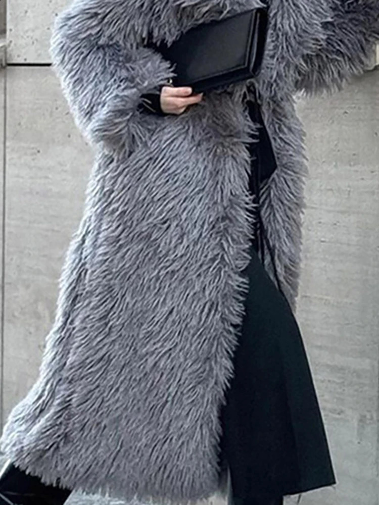 DEAT Fashion Gray Long Fur Coat Womens Lapel Loose Sleeves Plush Thick Overcoat Winter 7A1438 251018