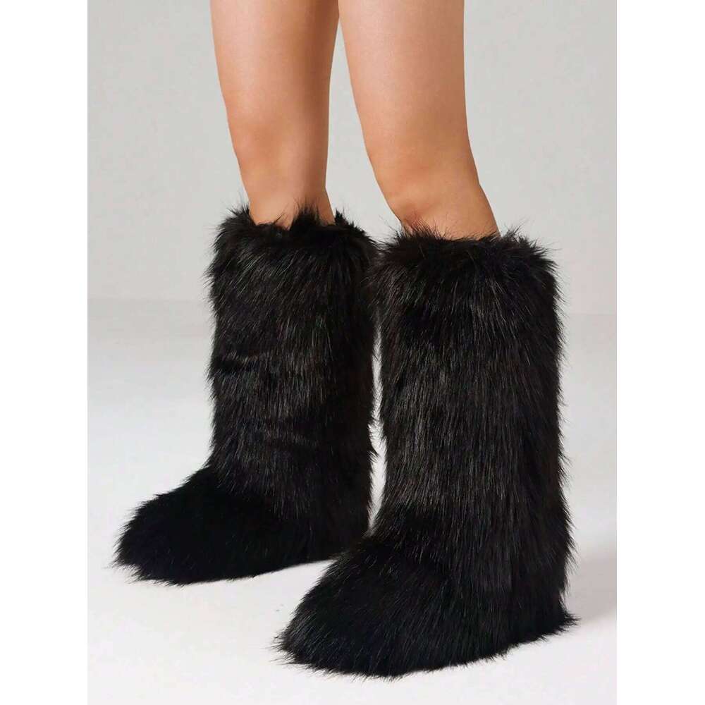 Furry Fluffy Snow Boots Warmplush Knee High Flats Fashion Punk Goth Cosplay Women Winter Shoes