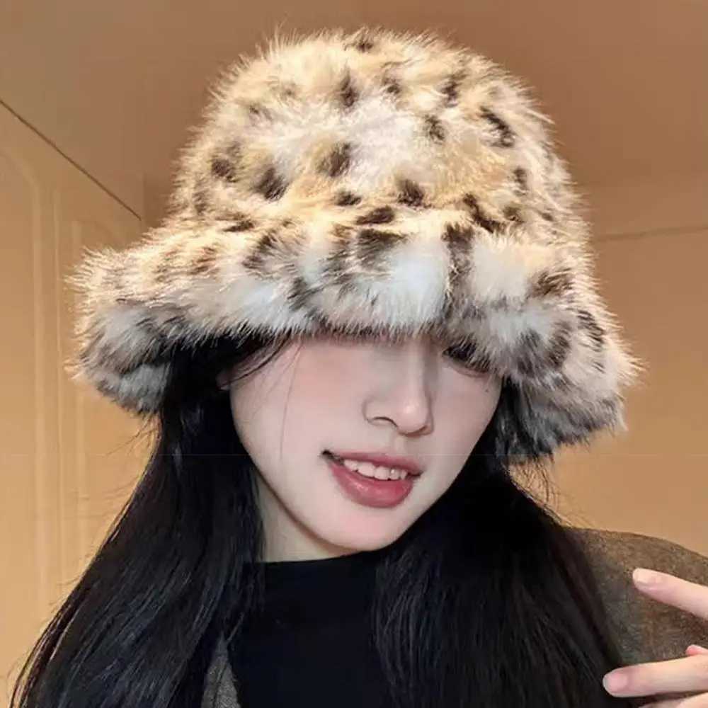Leopard Plush Fisherman Beanie Hat Korean Style Face Recognition Bucket Hats Big Head Circumference Faux Fur Streetwear CapsL251024