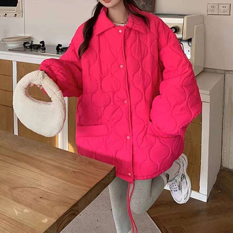 Autumn Winter Vintage Loose Wool Rhombus Cotton-Padded Jacket Parkas Women Sweet Pocket Solid Long Sleeve Coat Warm Outerwear